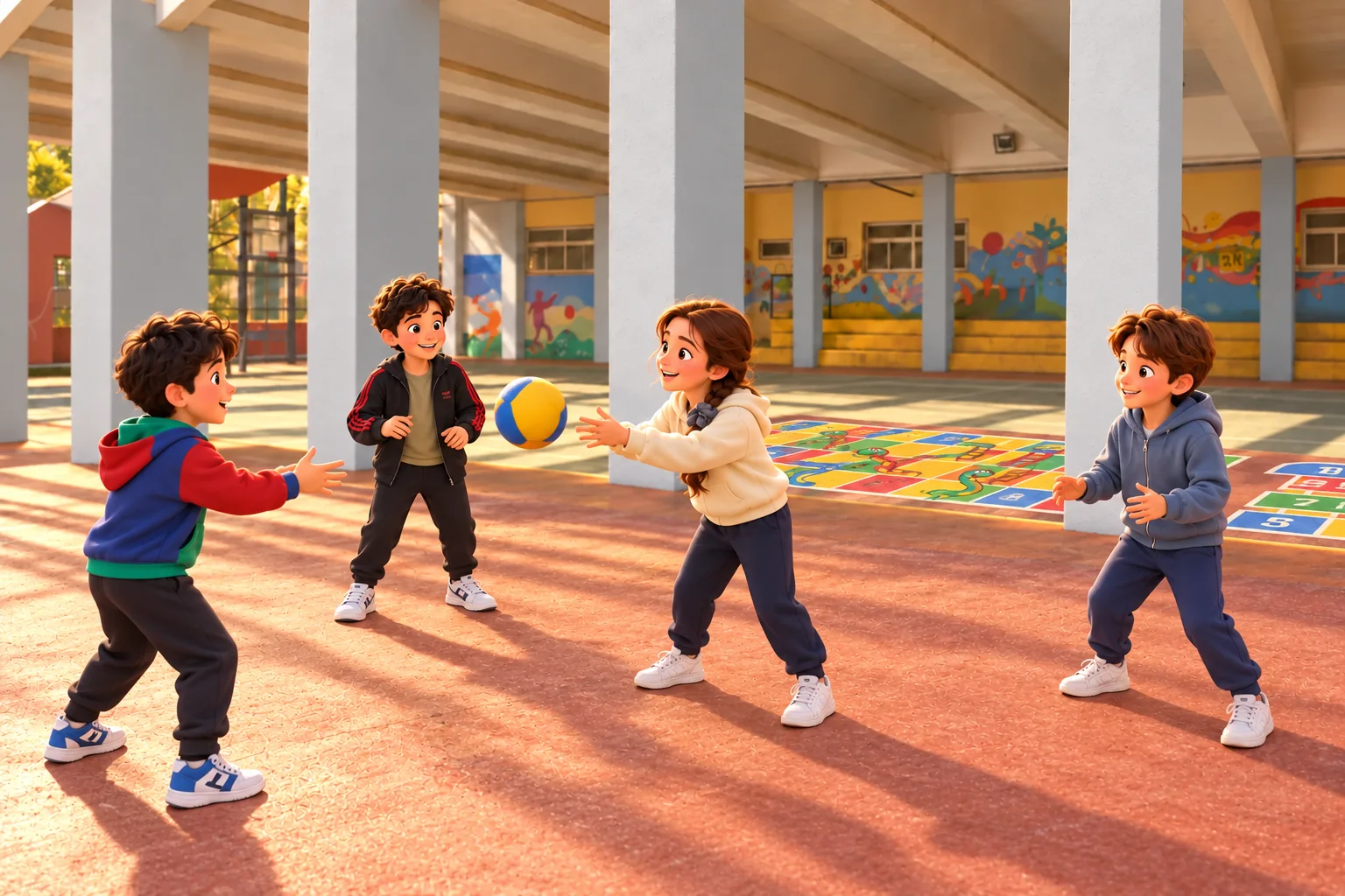 המחשת ילדים משחקים מסירות בחצר ג׳, עם משחקי רצפה לאורכה ועמודים באפור בהיר