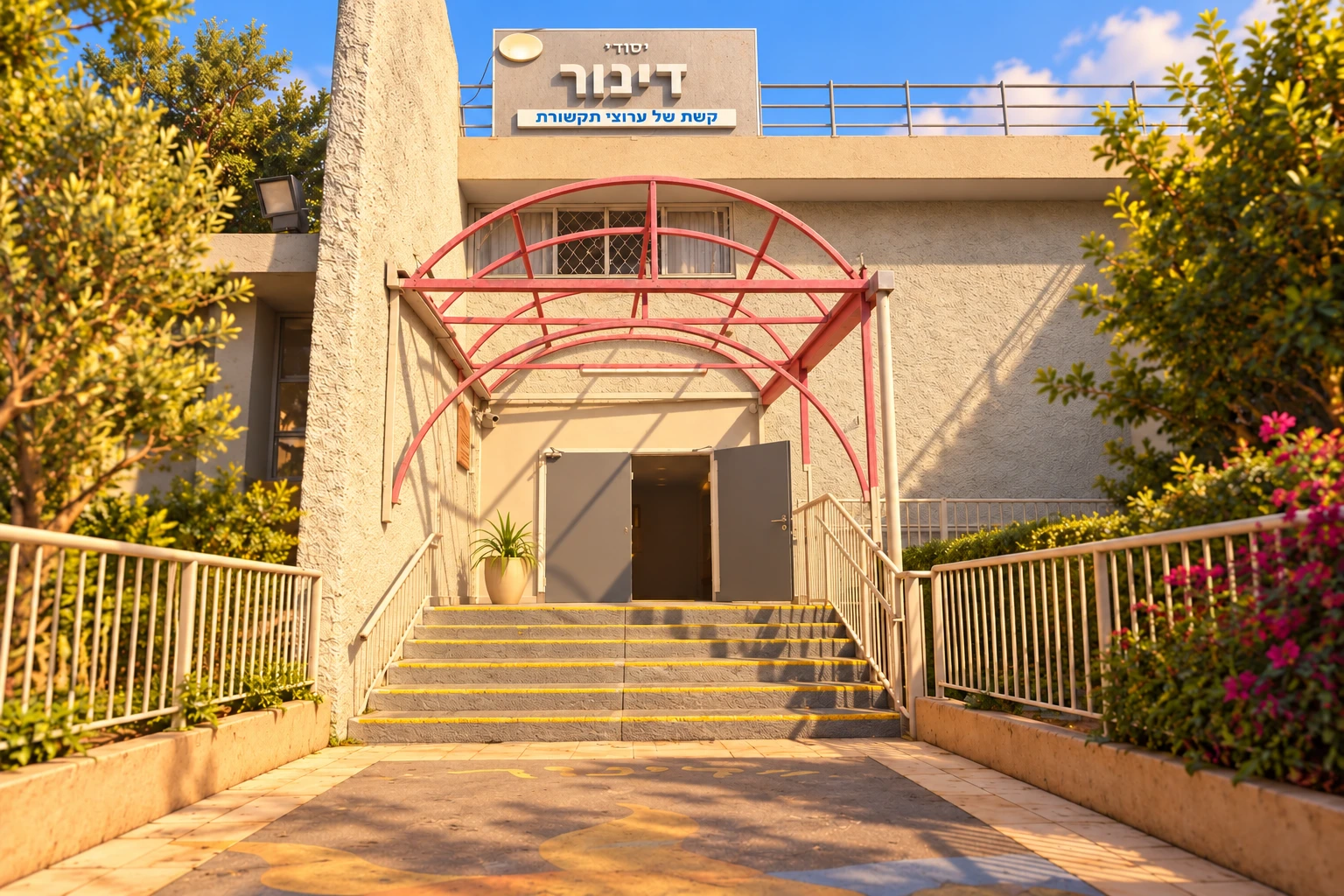 הכניסה לבית ספר דינור עם הקשת האדומה