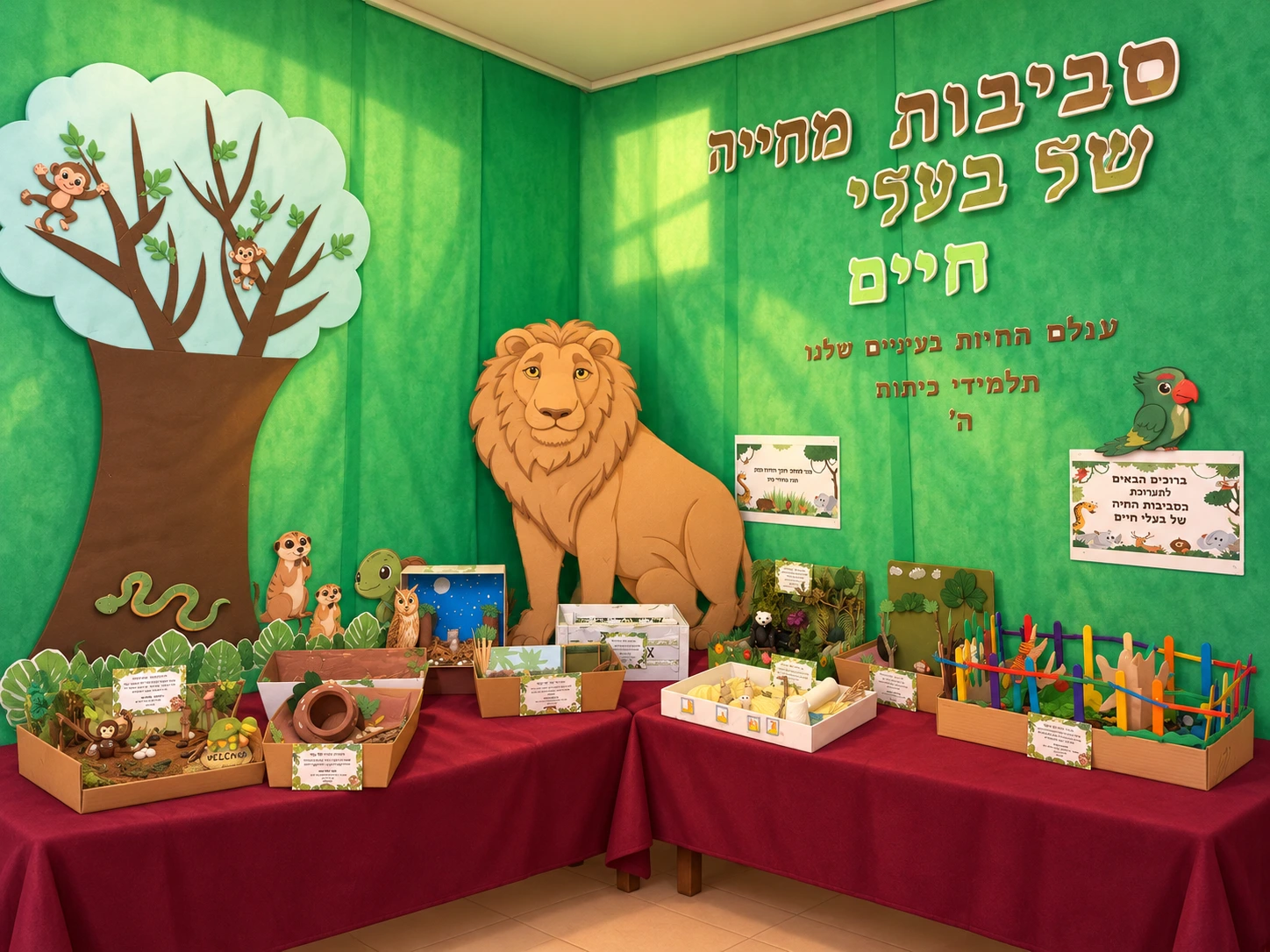 המחשת תערוכת סביבות מחיה של בעלי חיים, המבוססת על תערוכת תלמידי שכבת ה׳ בשנת תשפ״ו