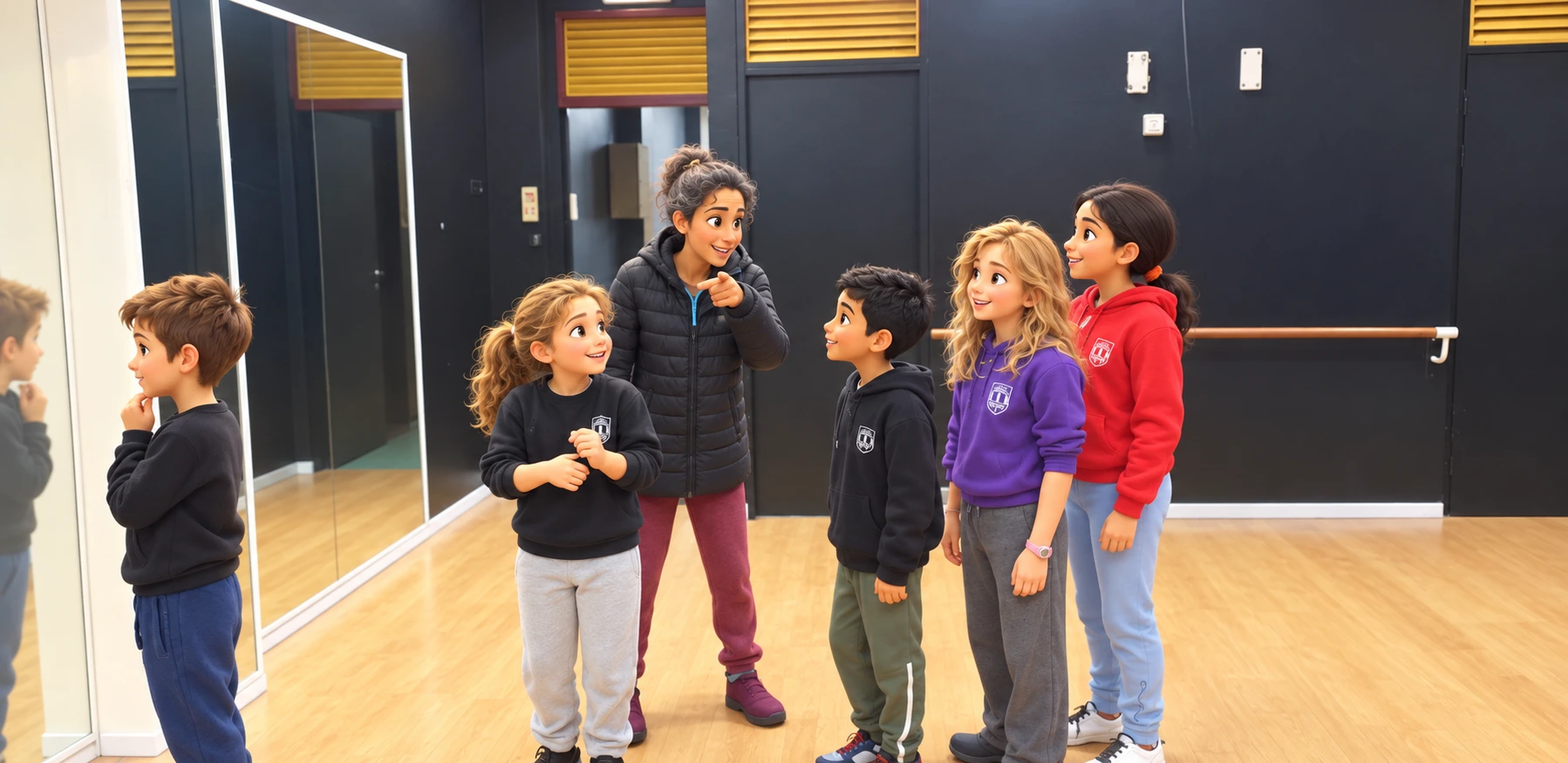 המחשת חדר המראות בבית ספר דינור: מראות גדולות, קירות כהים ורצפת עץ, עם ילדים ומנחה
