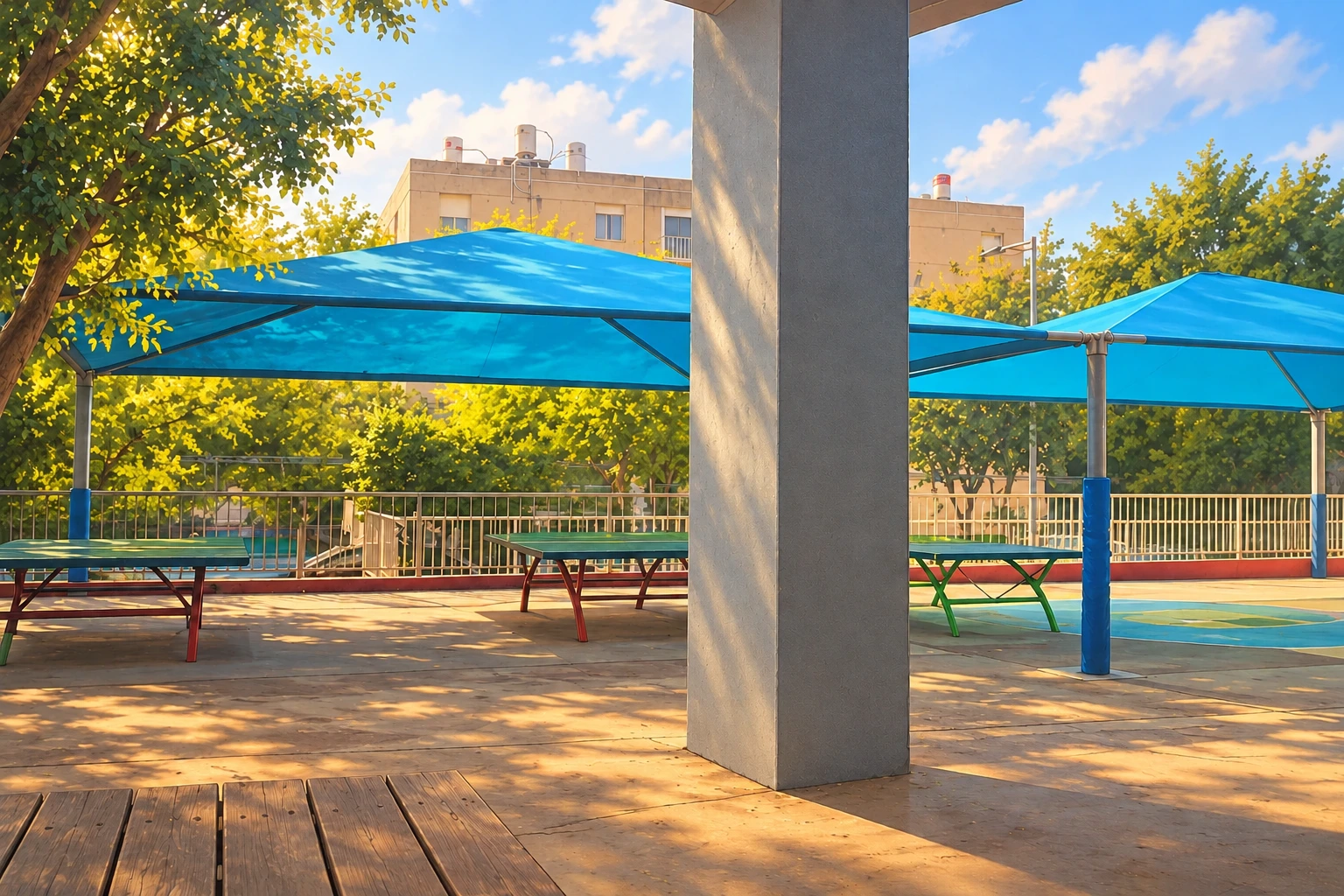 האזור המוצל והשולחנות לצד חצר ג׳ המקורה
