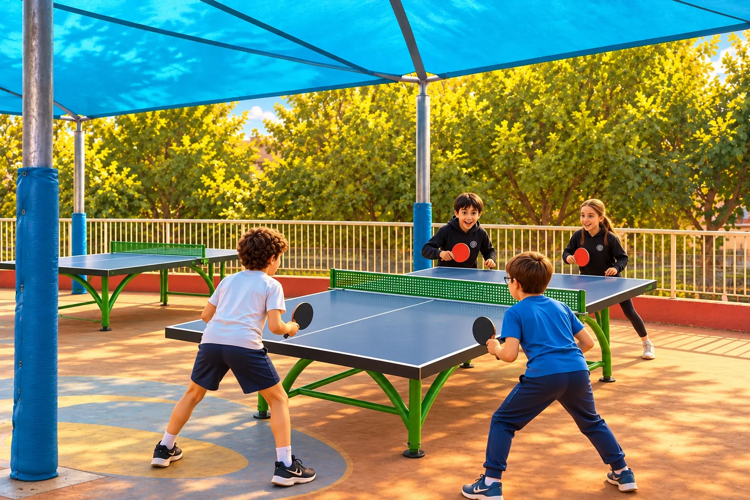 המחשת טניס שולחן לצד חצר ג׳, מתחת להצללה הכחולה