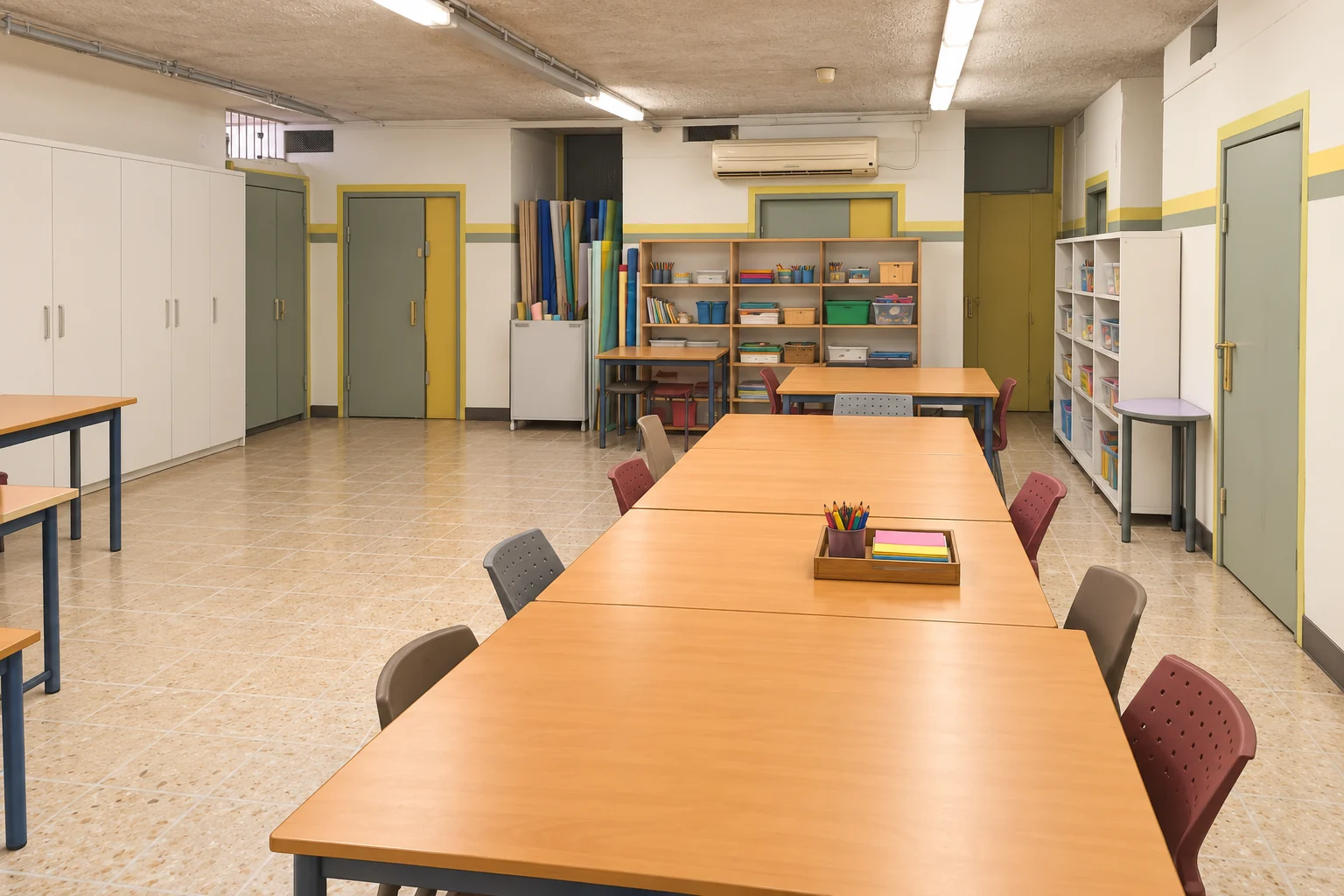 המחשת המקלט השלישי בבית ספר דינור על בסיס צילום המרחב, עם שולחנות בגוון עץ וארונות לבנים בצד שמאל