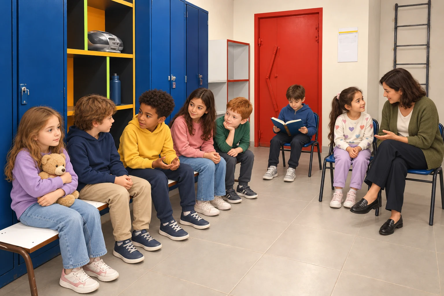 המחשת שהייה משותפת במקלט: ילדה עם בובה, ילד עם ספר וילדה לצד מורה