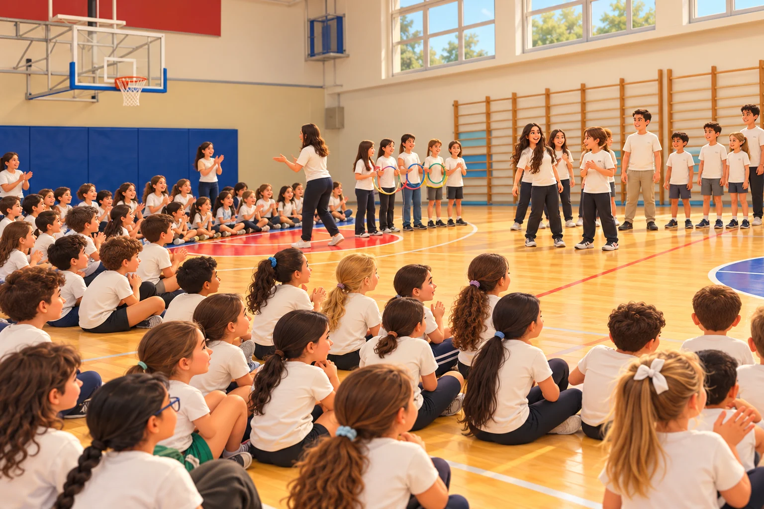 המחשת מפגש ספורט באולם בית ספר דינור: ילדים מתנסים בחישוקים בהנחיית מורה, וחבריהם צופים ומעודדים