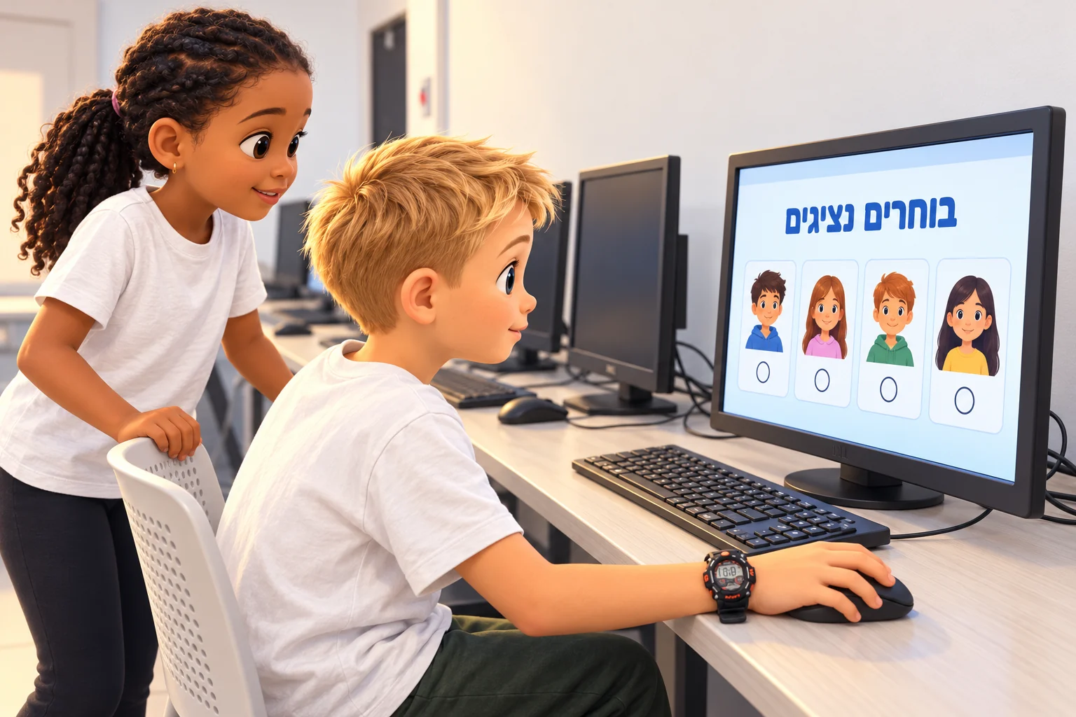 המחשת תלמידים בוחרים נציגים למועצת התלמידים במחשב, על בסיס תמונות ההצבעה בבית ספר דינור