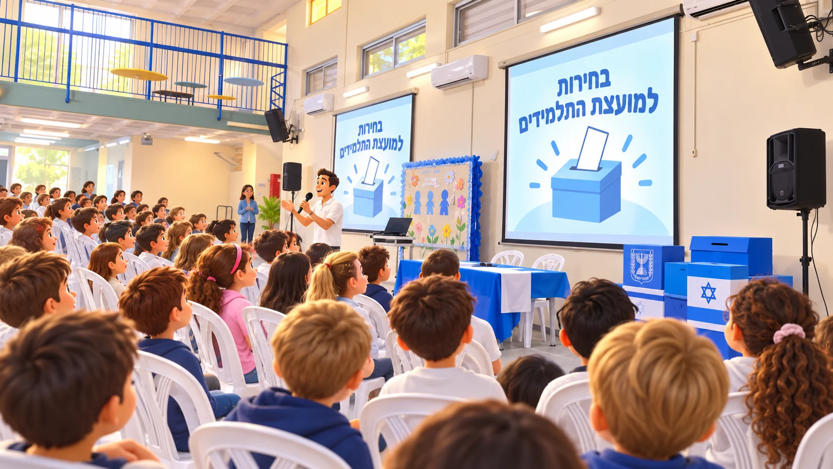 המחשת אירוע הבחירות למועצת התלמידים בבית ספר דינור: ילדים בקהל, מנחה, מסכים וקלפיות כחולות בפטיו