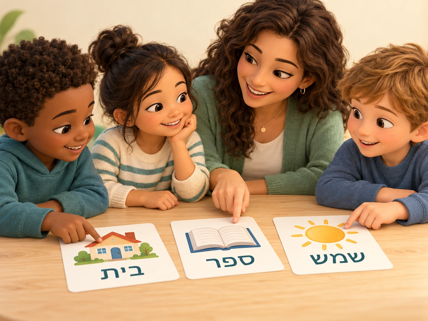 המחשה של ילדים ומורה לומדים עברית יחד, עם כרטיסי מילים ותמונות